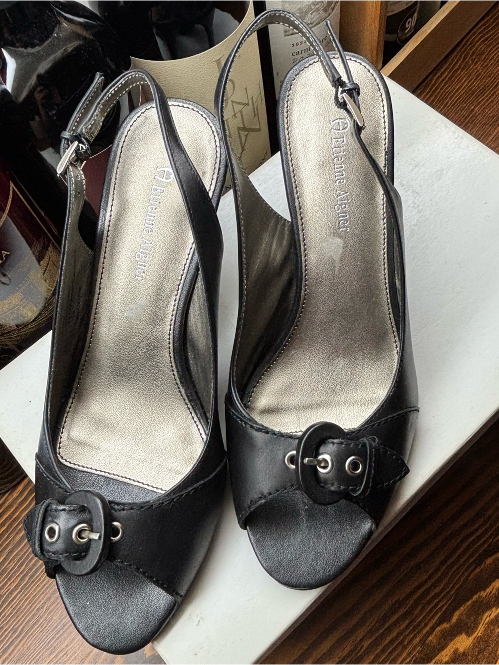 Etienne Aigner Black Leather Peep-Toe Slingback Heels Size 7.5